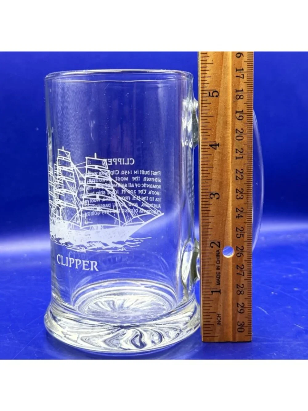 Vintage Clipper Sailing Ship Glass Beer Stein Tankard Mug Nautical History 5.5